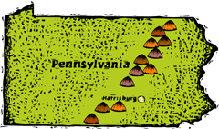 Pennsylvania woodcut map showing location of Harrisburg